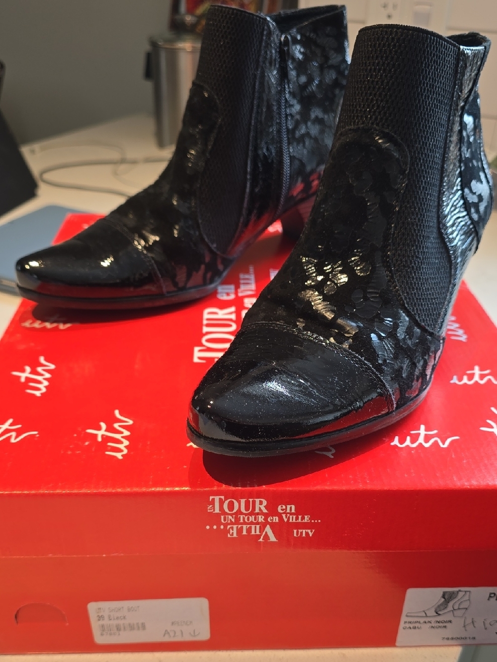 Women's Black Patent Ankle Booties with Suede Detail